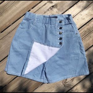 VTG blue and white polka dot denim wrap skort